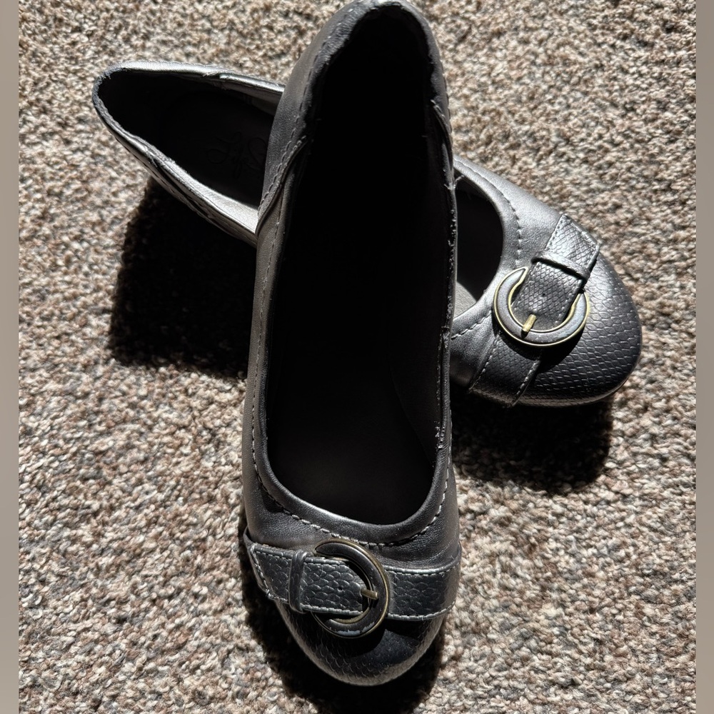Unique Pewter Coach Flats with Buckle